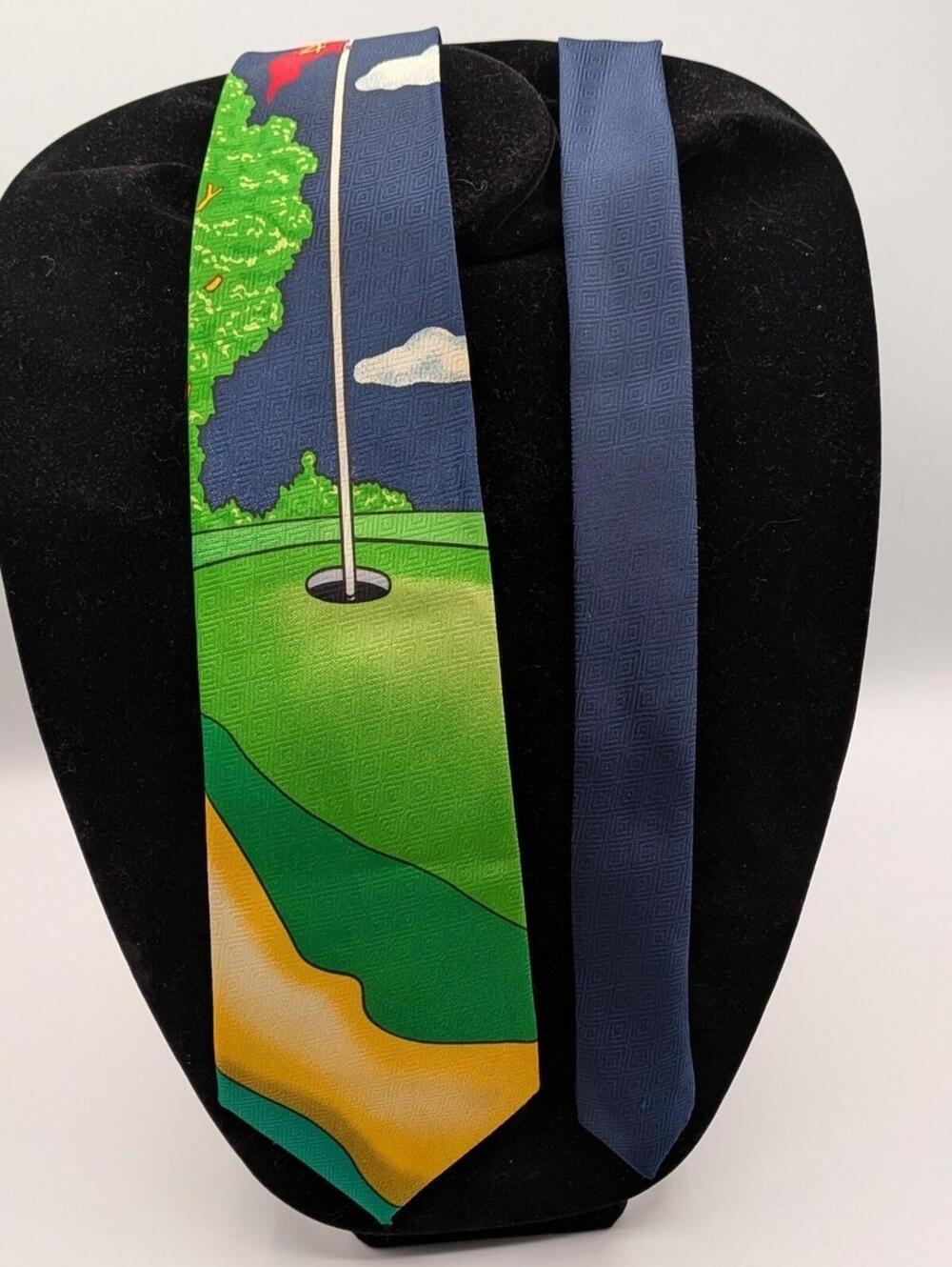 Vintage A Rogers Golf Course Novelty Tie Navy Green 1997 ETMC Sports Necktie